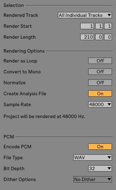 Ableton Live export dialog set to All Individual Tracks, PCM WAV, 32-bit, with normalization off