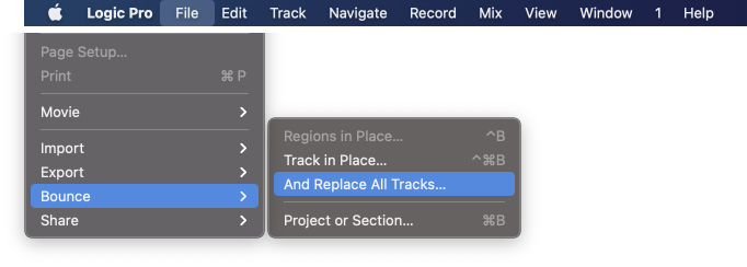 Logic Pro File menu showing Bounce and Replace All Tracks