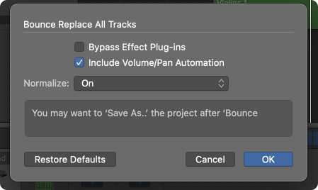 Logic Pro Bounce Replace All Tracks options with volume and pan automation enabled