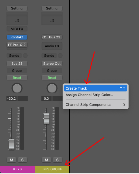 Logic Pro mixer menu showing Create Track for a bus channel strip