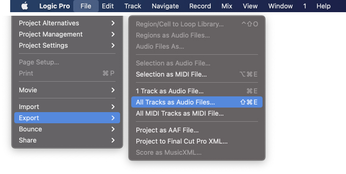 Logic Pro File Export menu showing All Tracks as Audio Files