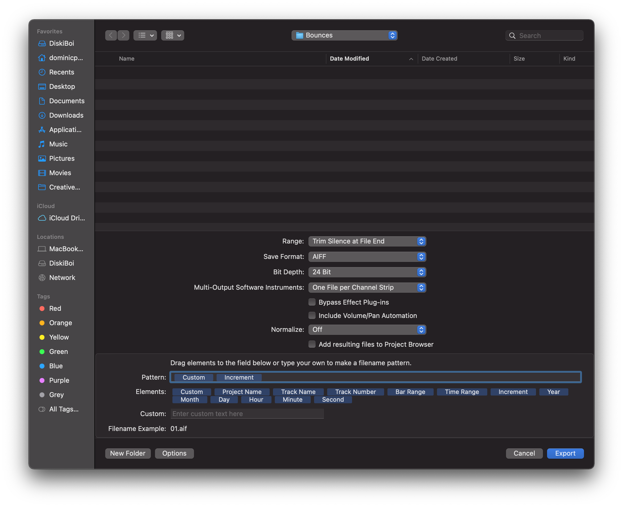 Logic Pro Export All Tracks settings including format, bit depth, normalization, and naming options