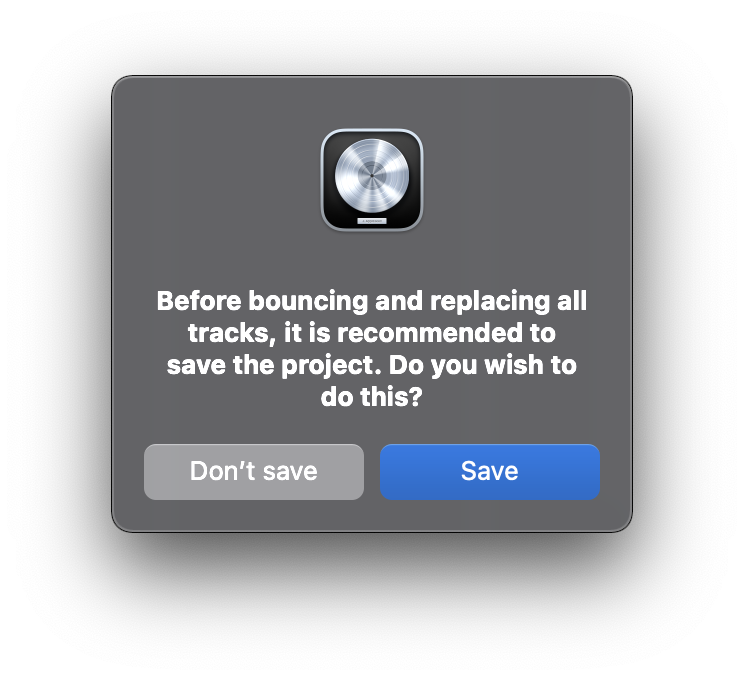 Logic Pro warning recommending a project save before bouncing and replacing tracks