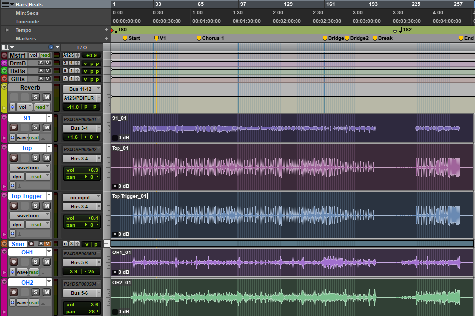 Pro Tools tracks after consolidation showing continuous clips of the same length