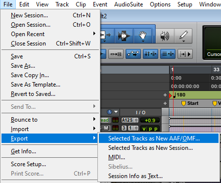 Pro Tools File Export menu showing the selected clips export command