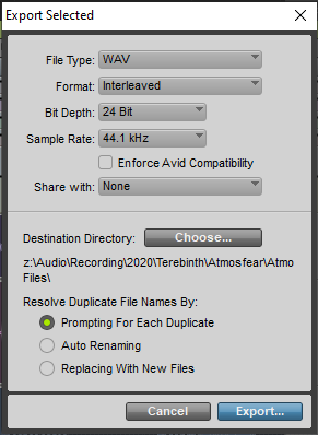 Pro Tools Export Selected dialog showing WAV, interleaved, bit depth, sample rate, and destination options