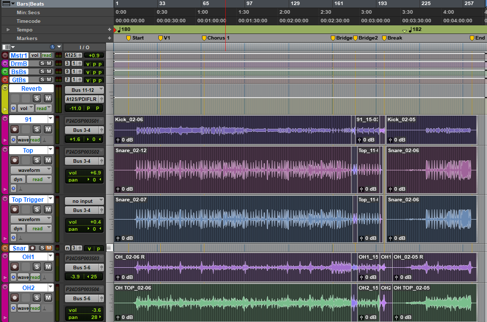 Pro Tools session with a full song range selected across multiple tracks before consolidation